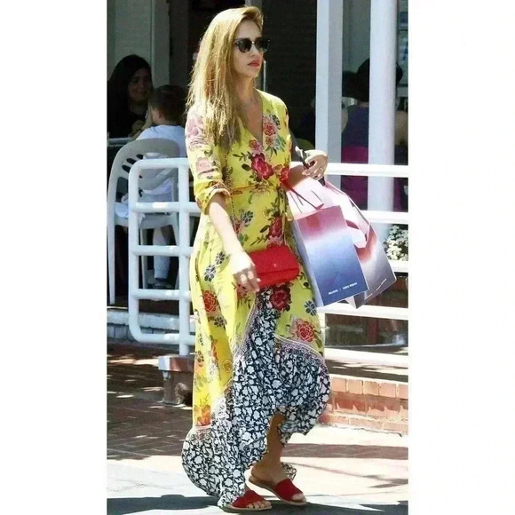 Farm Rio Maxi Dress XS Floral Yellow Pink Wrap Anthropologie Midi Asymmetrical - Picture 3 of 9